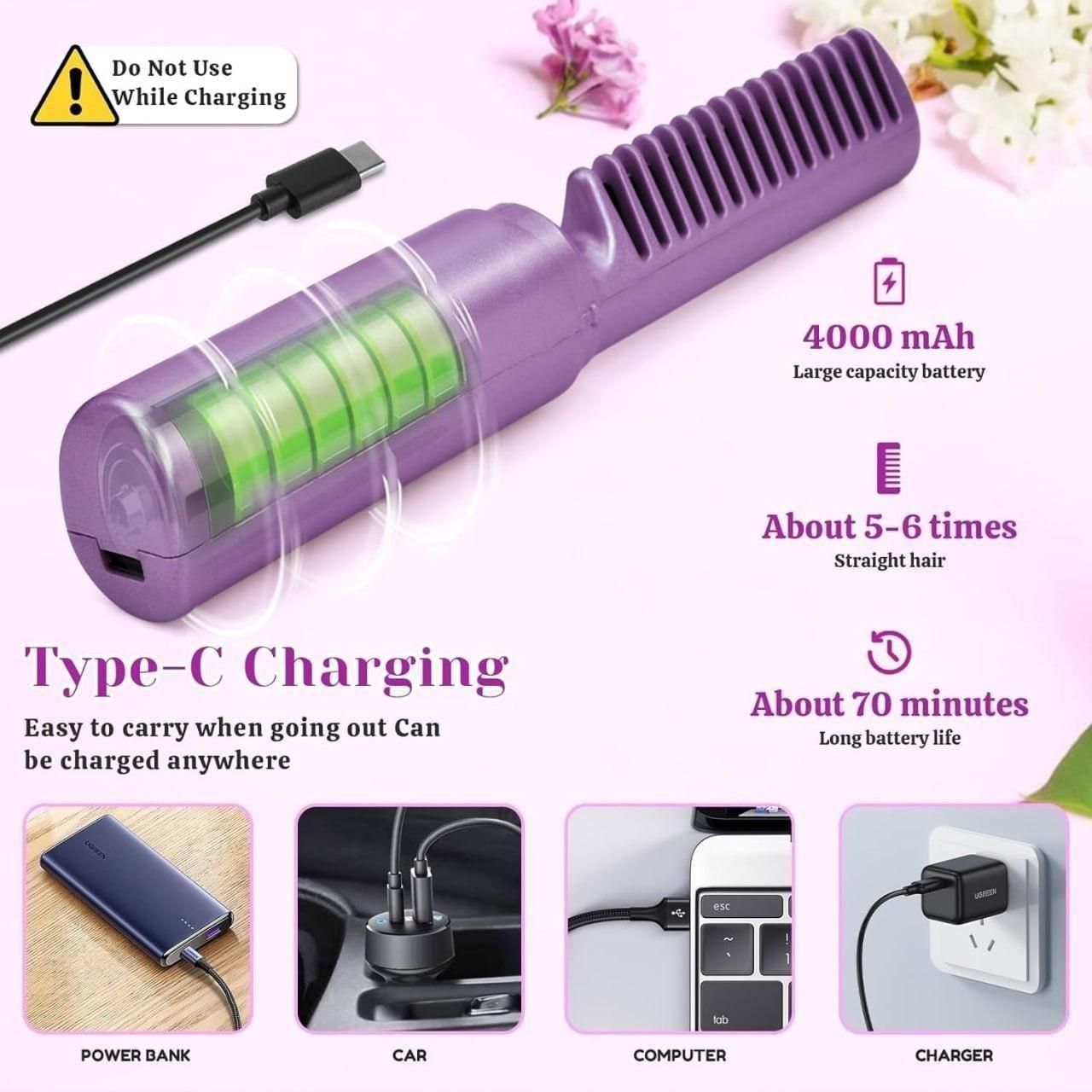 Portable Cordless Hair Straightener Comb – 2-Minute Instant Smooth Hair